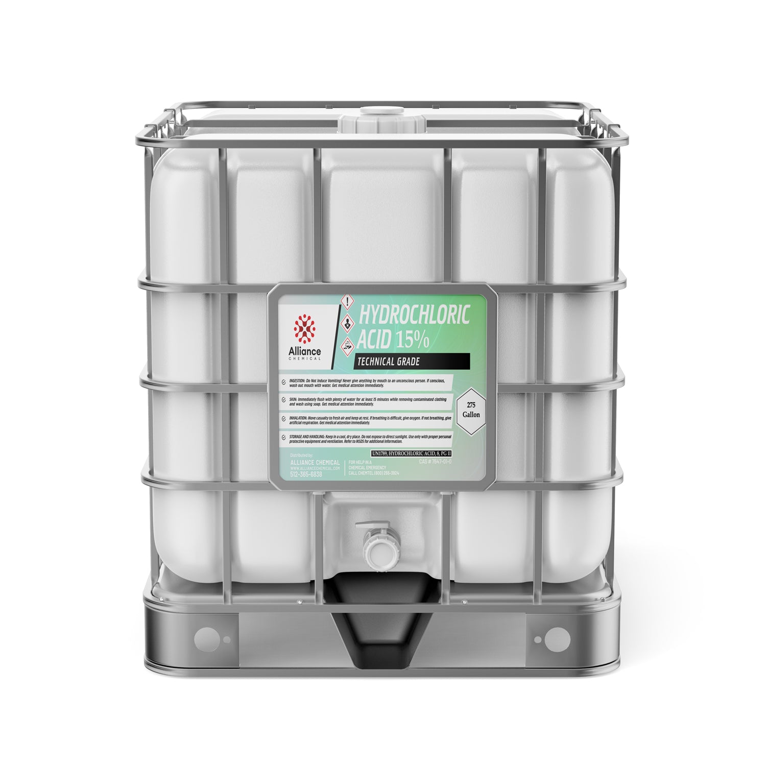 275-gallon IBC tote of 15% Hydrochloric Acid technical grade with metal cage, HAZMAT diamond symbols, and bottom dispensing valve.